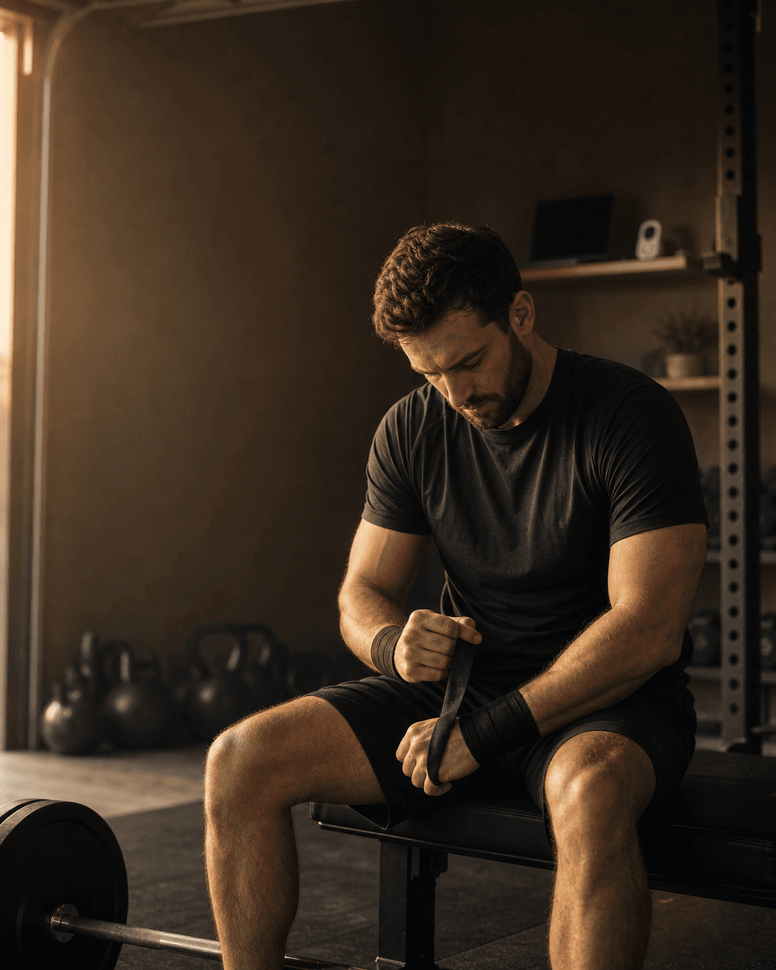 Long Road Fitness founder preparing for a workout in a home gym