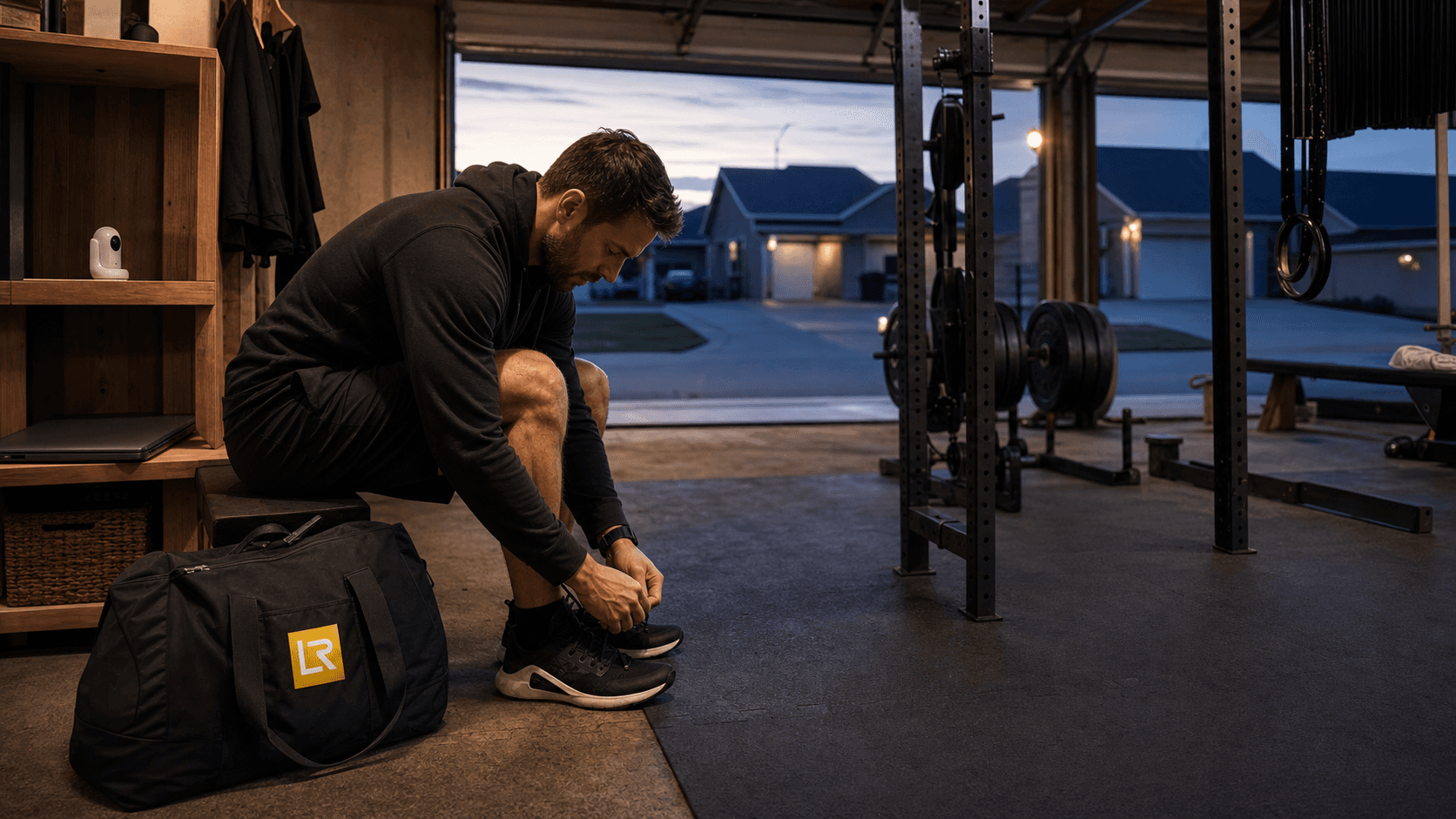 A parent preparing for an early workout in a garage gym before the day begins