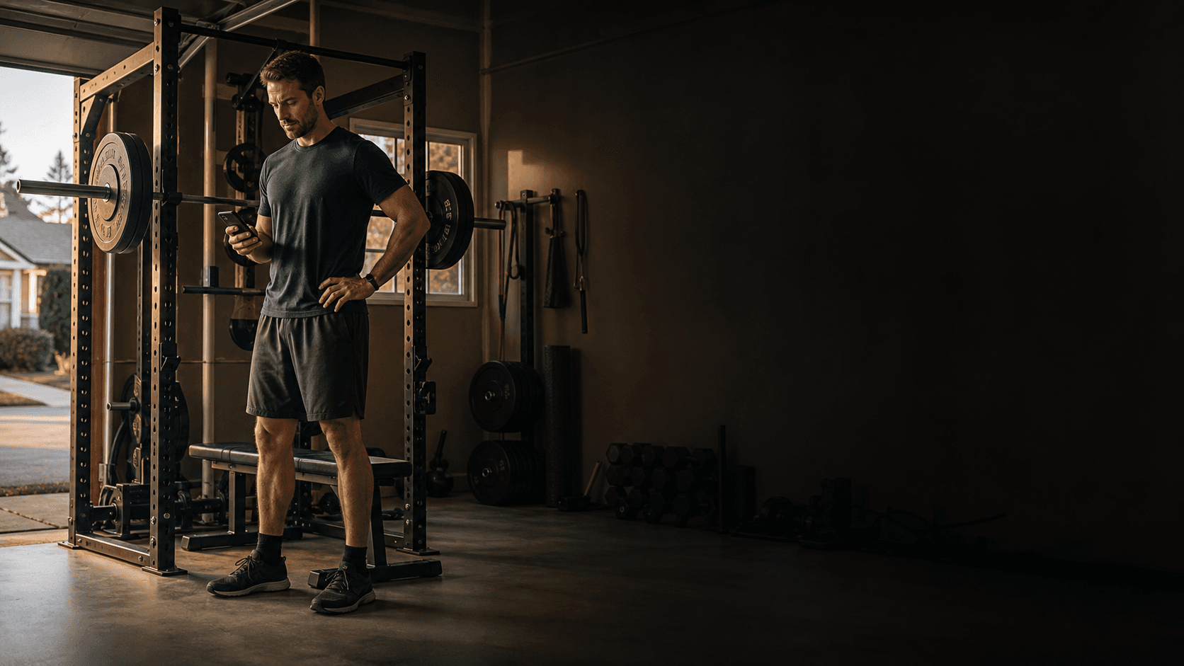 Athlete reviewing Long Road Fitness between sets in a home gym