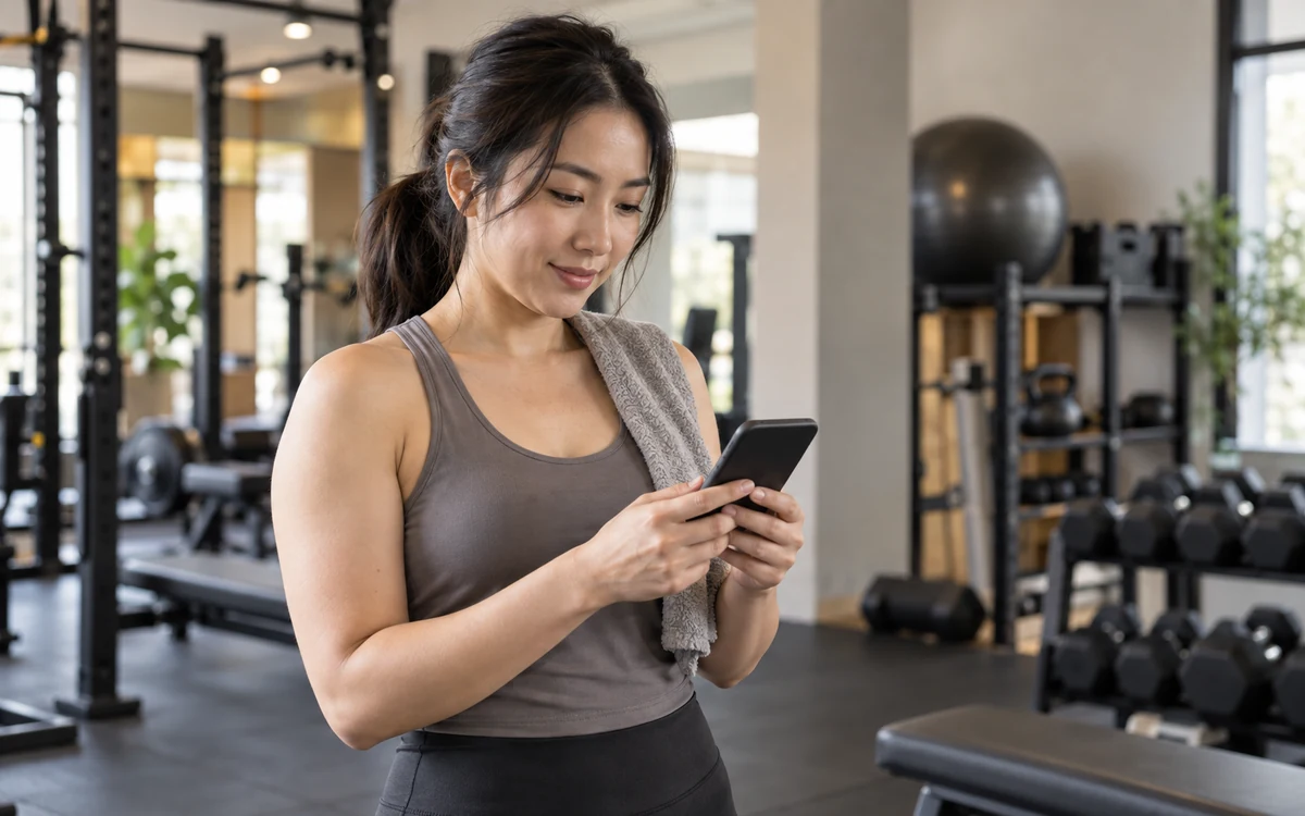 Woman holding a smartphone with its screen turned away while standing in a gym.