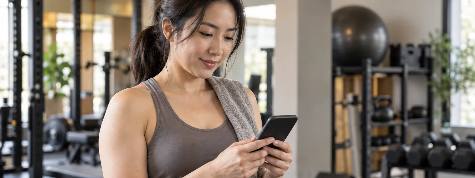 Woman looking at a smartphone with its screen facing away in a gym.