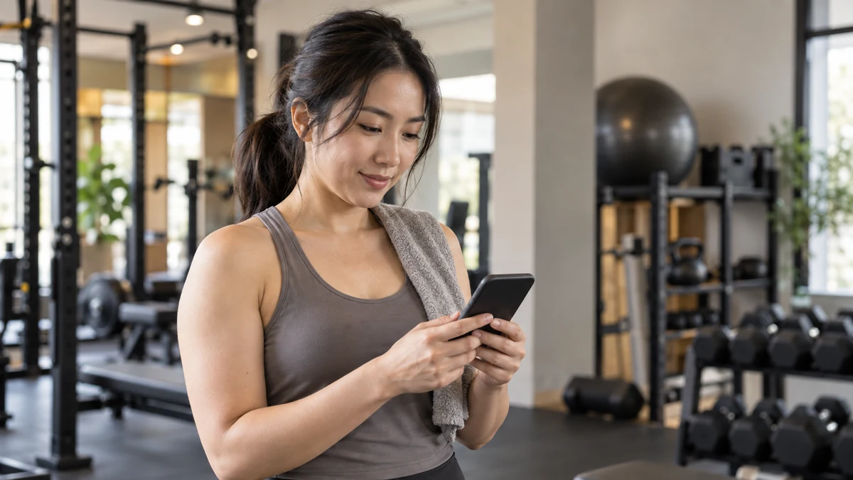 Woman holding a smartphone with its screen turned away while standing in a gym.