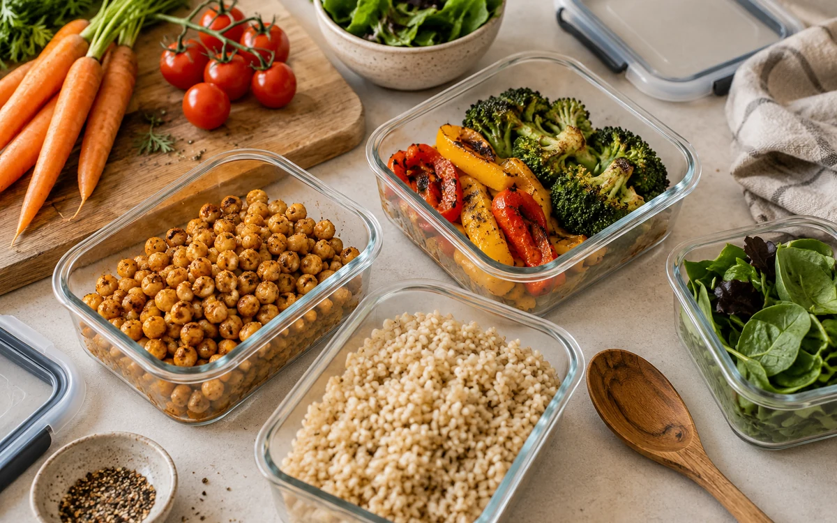 Glass containers of chickpeas, rice, roasted vegetables and greens on a kitchen counter.