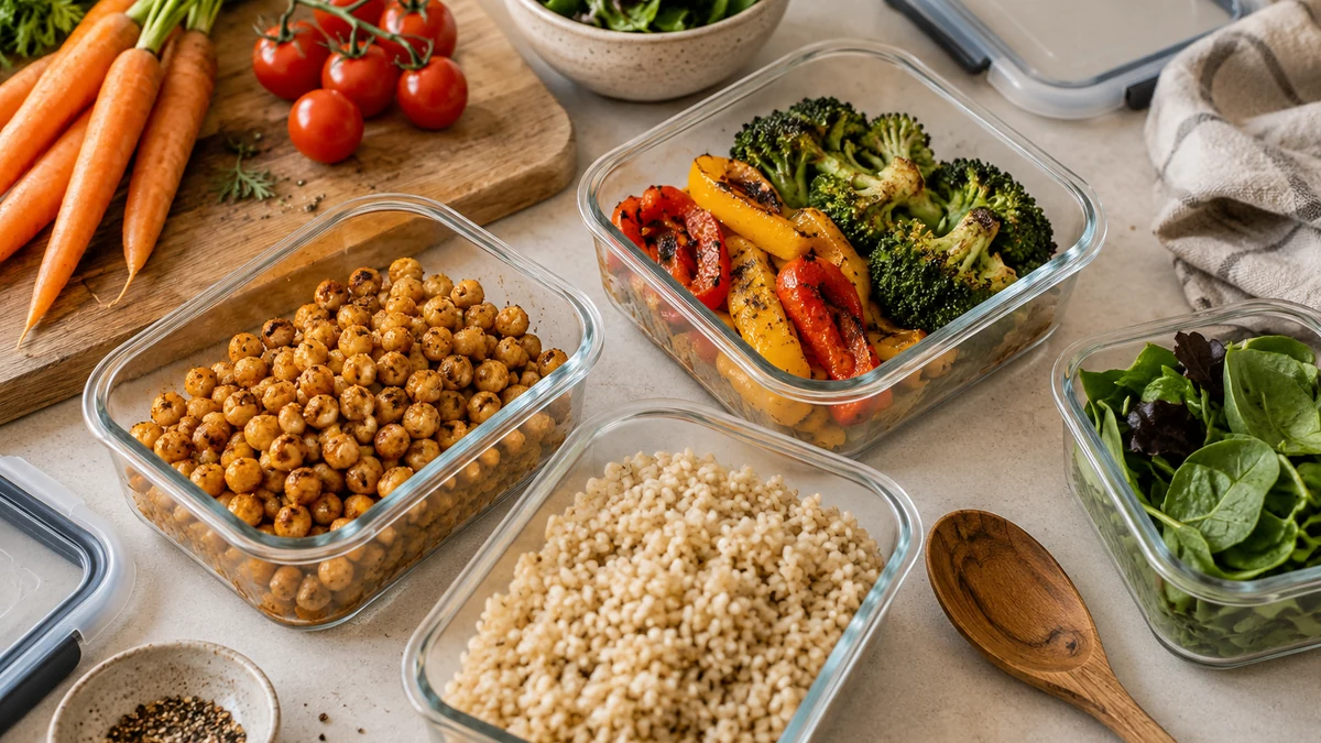 Glass containers of chickpeas, rice, roasted vegetables and greens on a kitchen counter.