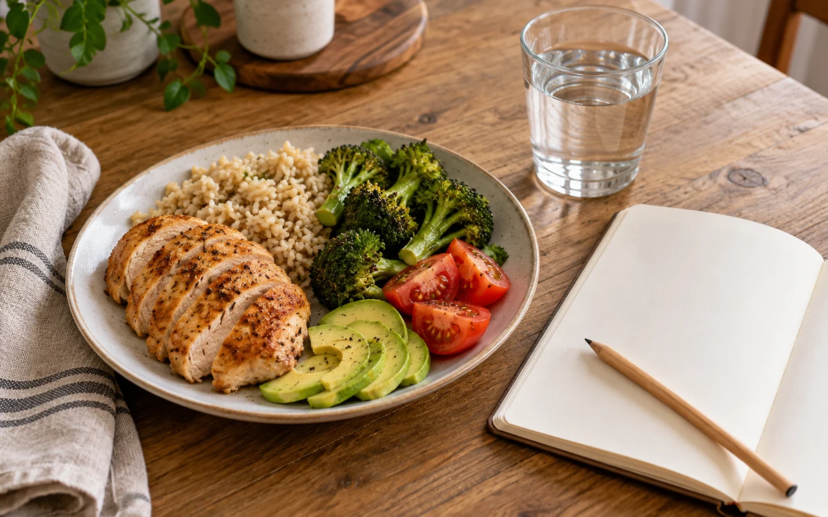 Plate of chicken, rice and vegetables beside a blank notebook, pencil and glass of water.