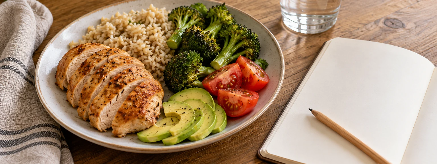 Chicken, rice and vegetables on a plate beside part of a blank notebook and pencil.