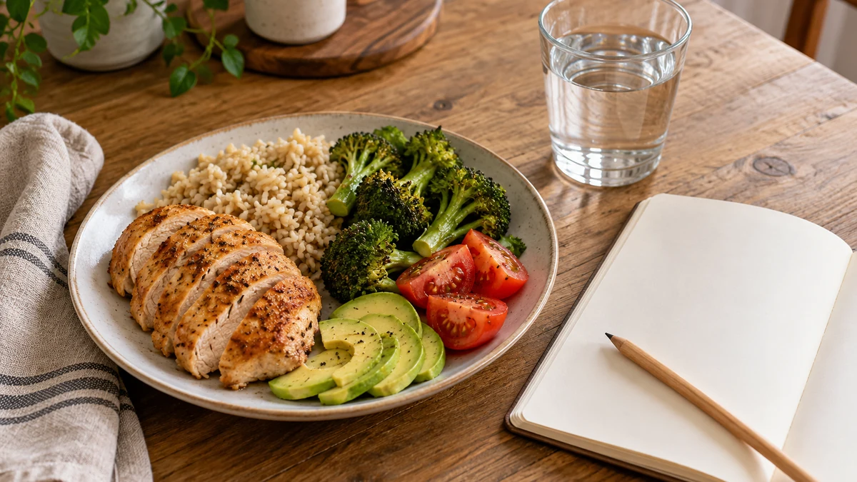 Plate of chicken, rice and vegetables beside a blank notebook and pencil, with part of a water glass above.