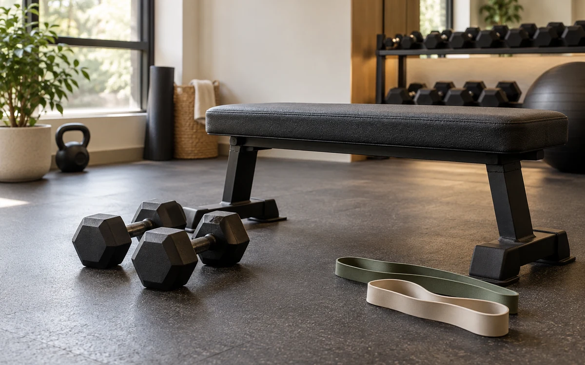 Dumbbells and two resistance bands arranged beside a black workout bench in a sunlit gym.