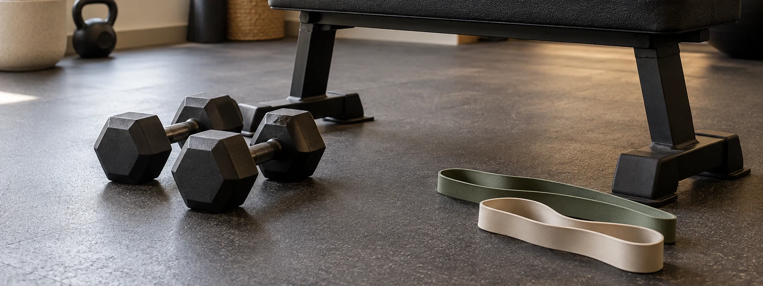 Two black dumbbells and two loop resistance bands on the floor beside a workout bench.