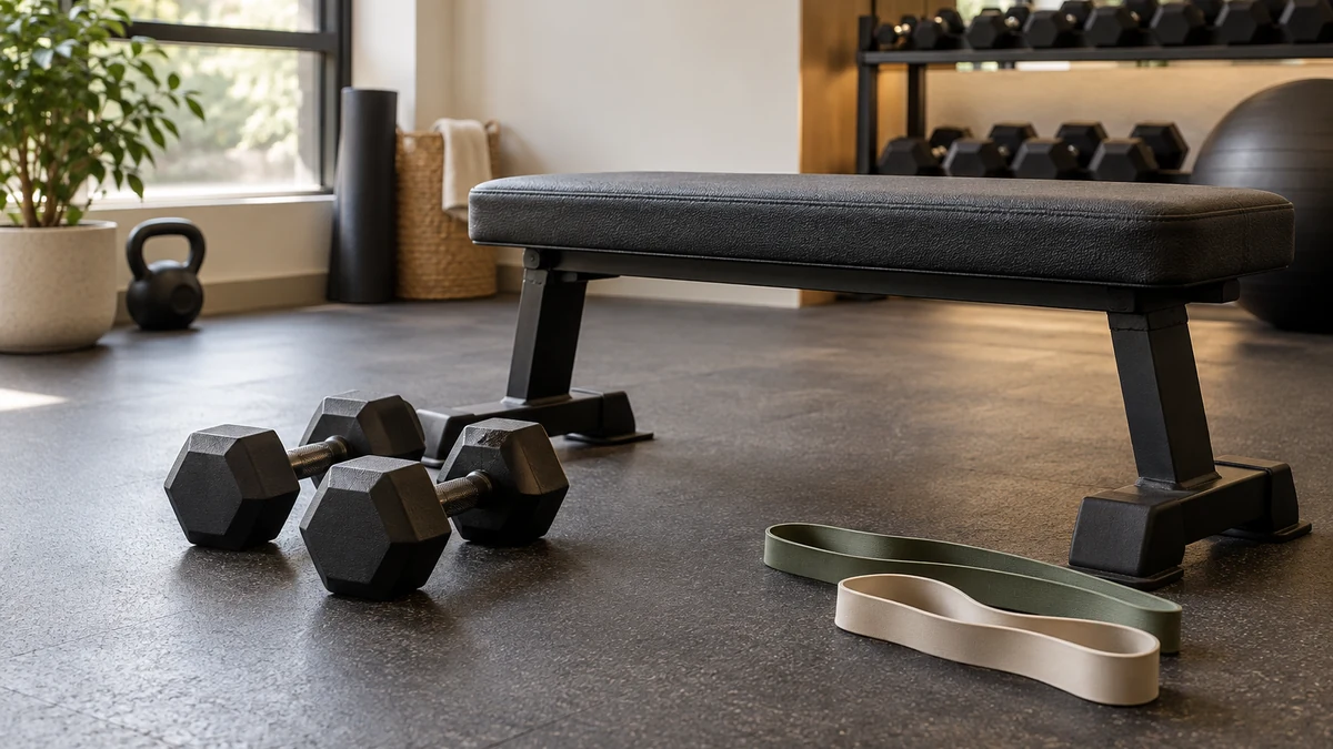 Dumbbells and two resistance bands arranged beside a black workout bench in a sunlit gym.