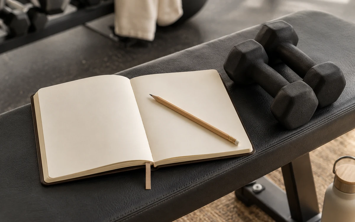 Open blank notebook and pencil beside a pair of small black dumbbells on a workout bench.