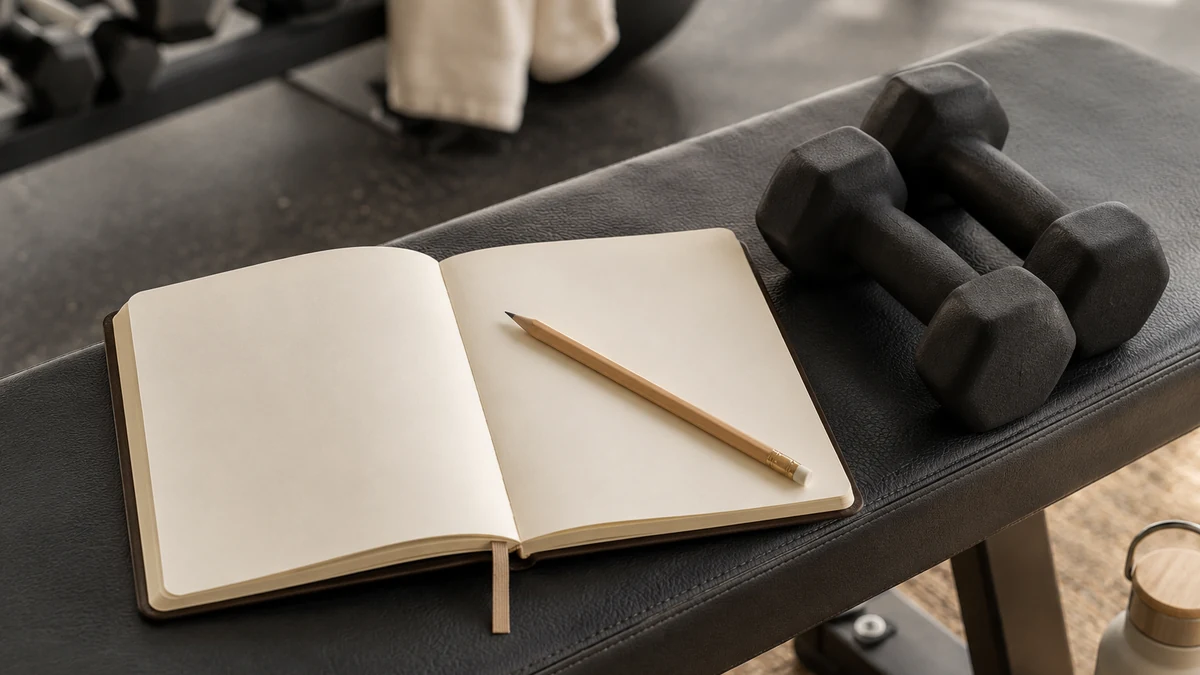 Open blank notebook and pencil beside a pair of small black dumbbells on a workout bench.