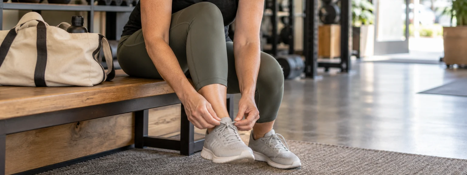 Hands tying a sneaker beside a canvas gym bag on a gym bench.
