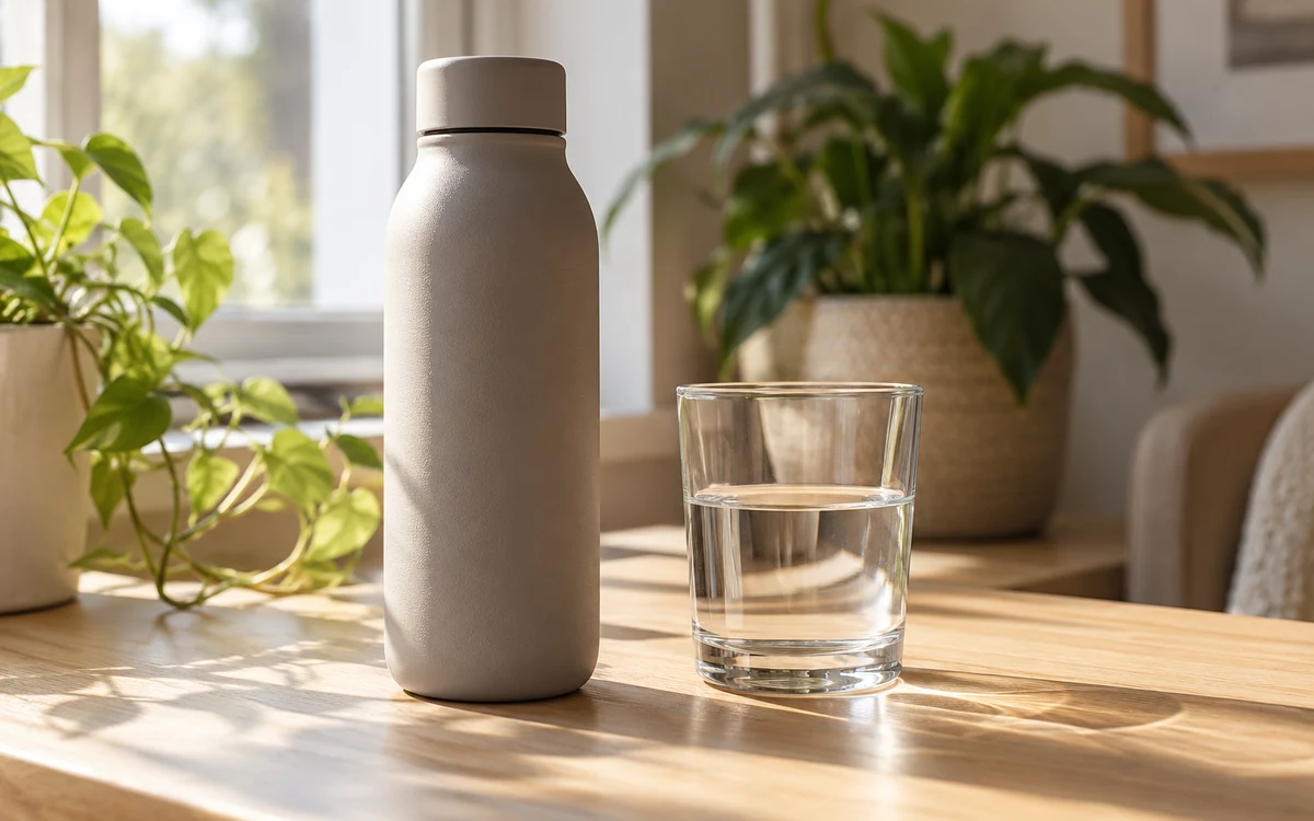 Unmarked reusable water bottle and a half-full drinking glass on a sunlit wooden desk.