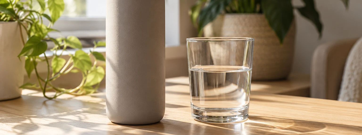 Half-full glass of water beside the lower portion of a matte reusable bottle on a sunlit desk.