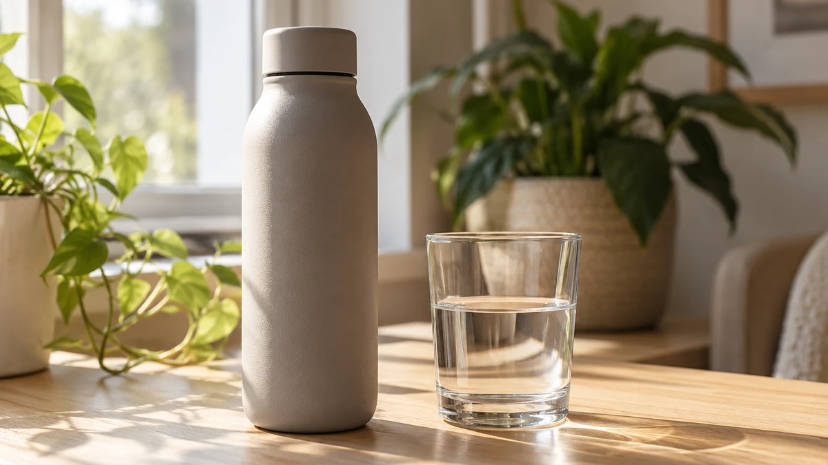 Unmarked reusable water bottle and a half-full drinking glass on a sunlit wooden desk.