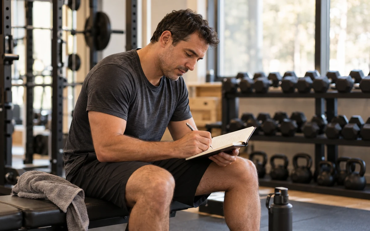 Man seated on a gym bench writing in a workout notebook, with a towel beside him.