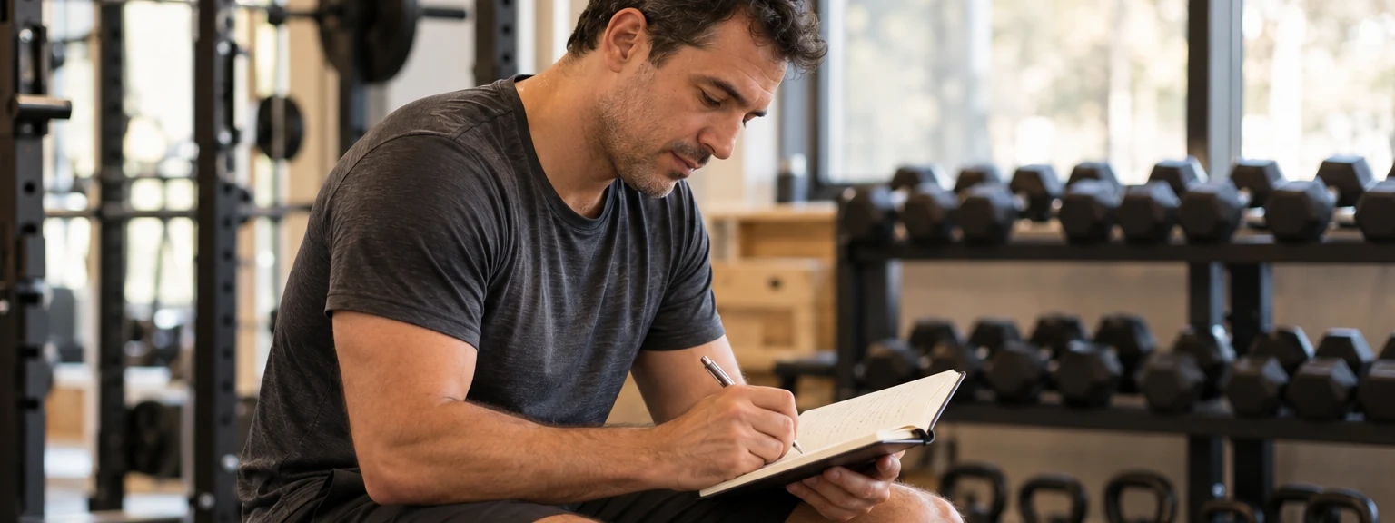 Man writing in a workout notebook, with gym dumbbells in the background.