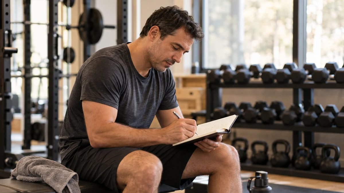 Man seated on a gym bench writing in a workout notebook, with a towel beside him.