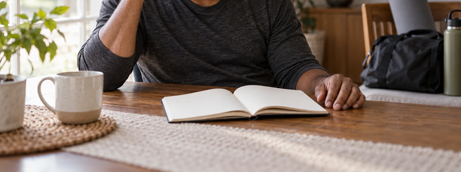 Open blank notebook on a wooden table, with a man’s hand beside it and a gym bag nearby.