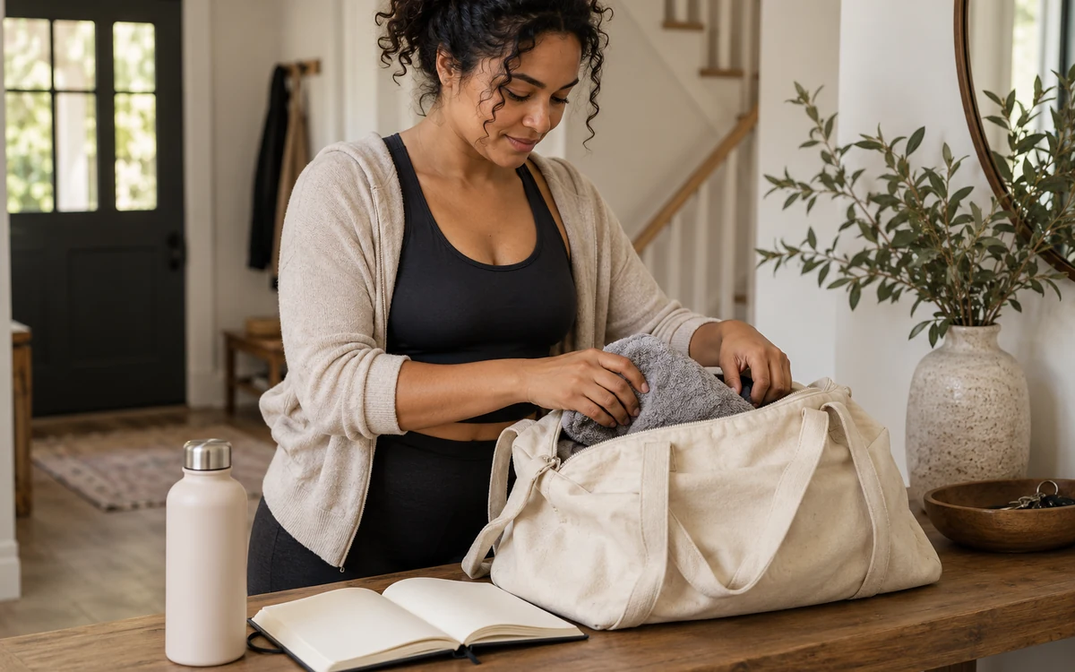 Woman packing a towel into a canvas gym bag beside an open planner and water bottle.